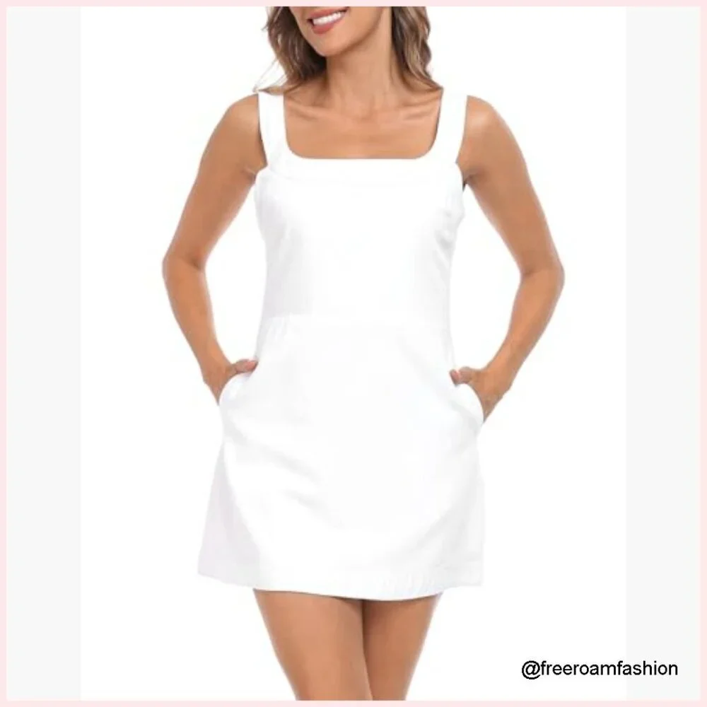 Linen Blend Mini Dress with Pockets Adjustable Straps Sleeveless Summer